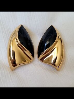 Vintage Christian Dior Copyright Gold and Black Statement Clip-On Earrings 1980s